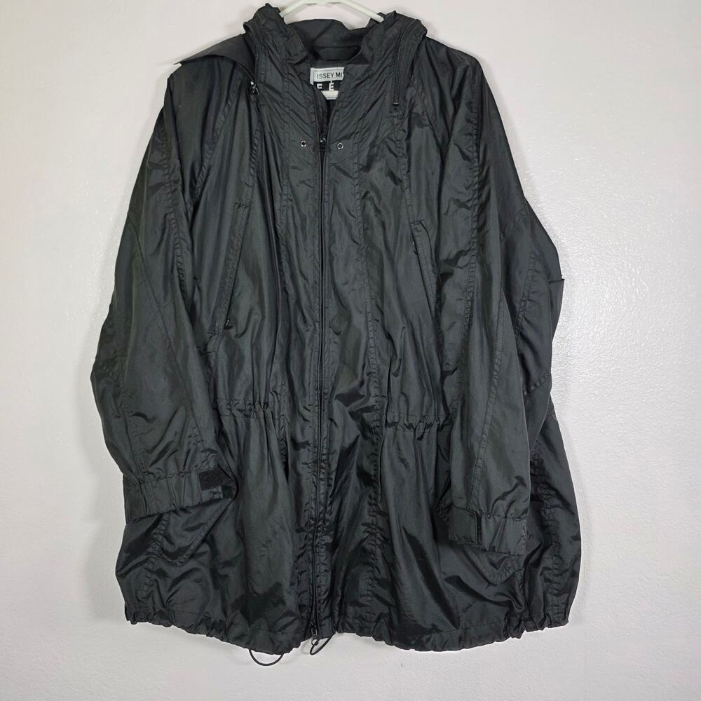 Issey Miyake Fete Black Hooded Windbreaker Jacket Drawstring Womens XL